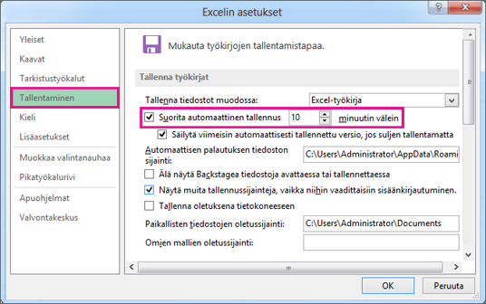 Excelin asetukset -ikkunan Tallenna-vaihtoehto