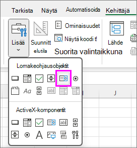 luetteloruudun lomakeohjausobjektin painike
