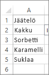 yhdistelmäruudussa käytettävä arvoluettelo