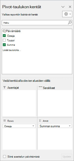 Pivot-taulukon Kentät-ruutu Excel for Windowsissa