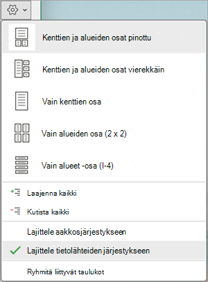 Kenttäluettelon asetteluvalikko