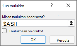 Taulukosta-valintaikkuna