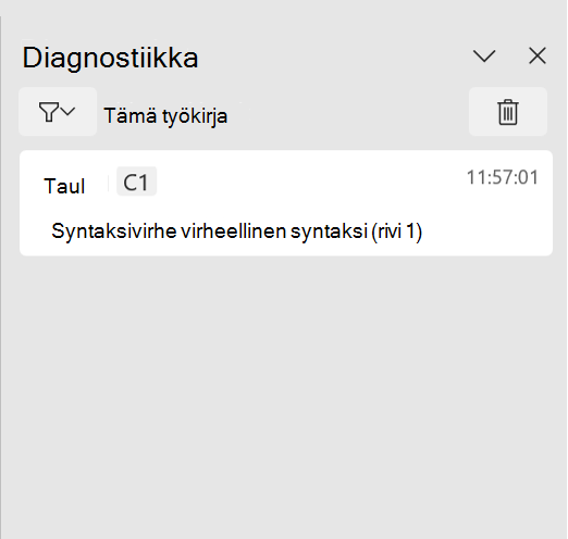 Excelin Python-diagnostiikkatehtäväruutu, jossa näkyy syntaksivirhe.