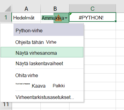 Virhe Excelin Python-solussa, virhevalikko avattuna.