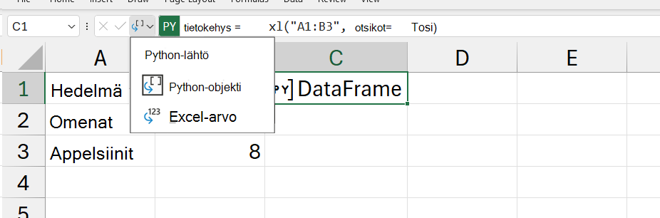 Avaa Python-tulosvalikko Excelissä.