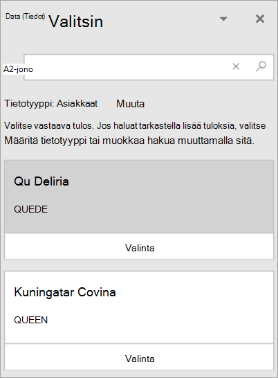 Näyttökuva tietovalitsin-ruudusta.
