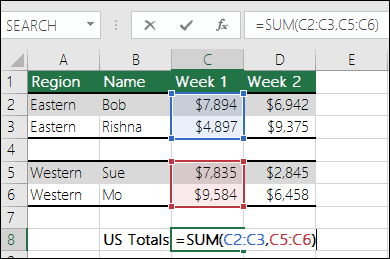 SUMMA-funktion käyttäminen ei-vierekkäisten alueiden kanssa. Solun C8s kaava on =SUMMA(C2:C3,C5:C6). Voit käyttää myös nimettyjä alueita, joten kaava on =SUMMA(Viikko1,Viikko2).