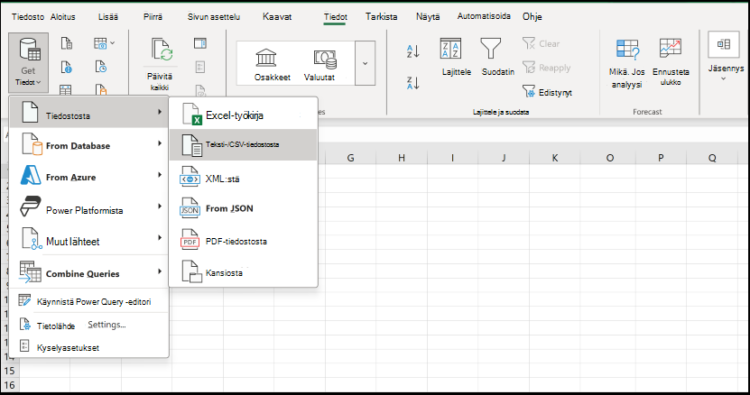 TXT-/CSV-tiedoston avaaminen Tiedot-välilehden kautta