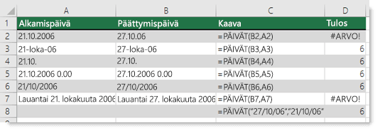 Näyttökuva, joka näyttää eri PÄIVÄT-funktioiden tuloksen.