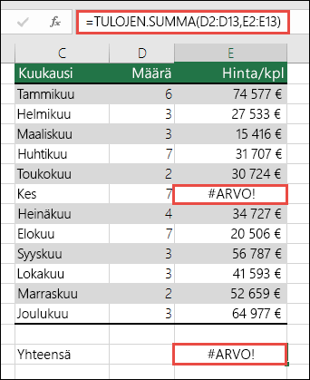 Näyttökuva, jossa näkyy solun E15 kaava, jossa näkyy #VALUE! Erehtyä, koska on olemassa #VALUE! -virheen sarakkeessa E.