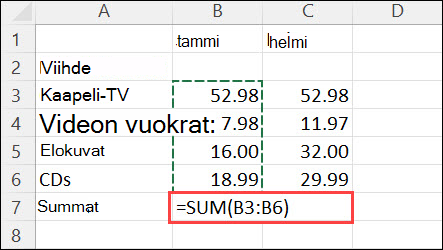 Kaava, joka on luotu valitsemalla Aloitus > automaattinen summa
