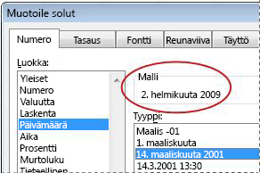 Muotoile solut -valintaikkunasta valittu Malli-ruutu