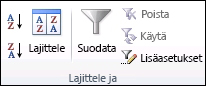 Tiedot-välilehden Lajittele ja suodata -ryhmä