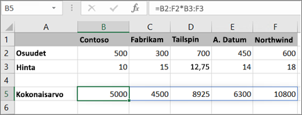 Esimerkki matriisikaavasta, joka laskee useita tuloksia