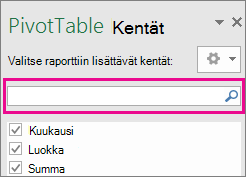 Pivot-taulukkokentän hakuruutu