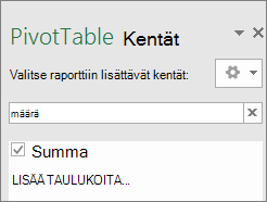 Pivot-taulukon kenttäruutu, jossa näkyvät haun tulokset