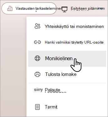 Näyttökuva, jossa näkyy Monikielisyys-ominaisuus, jonka avulla voit lisätä kieliä Microsoft-lomakkeeseen tai kokeeseen.