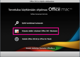 Kotikäyttöön asennetun Office for Macin asennussivu, jossa kirjaudutaan sisään olemassa olevaan Office 365 -tilaukseen