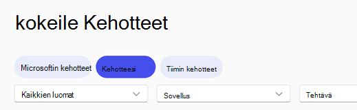 Copilotin kehotevalikoima siirtymisen ylätunniste, jossa Kehotteet-välilehti on valittuna.