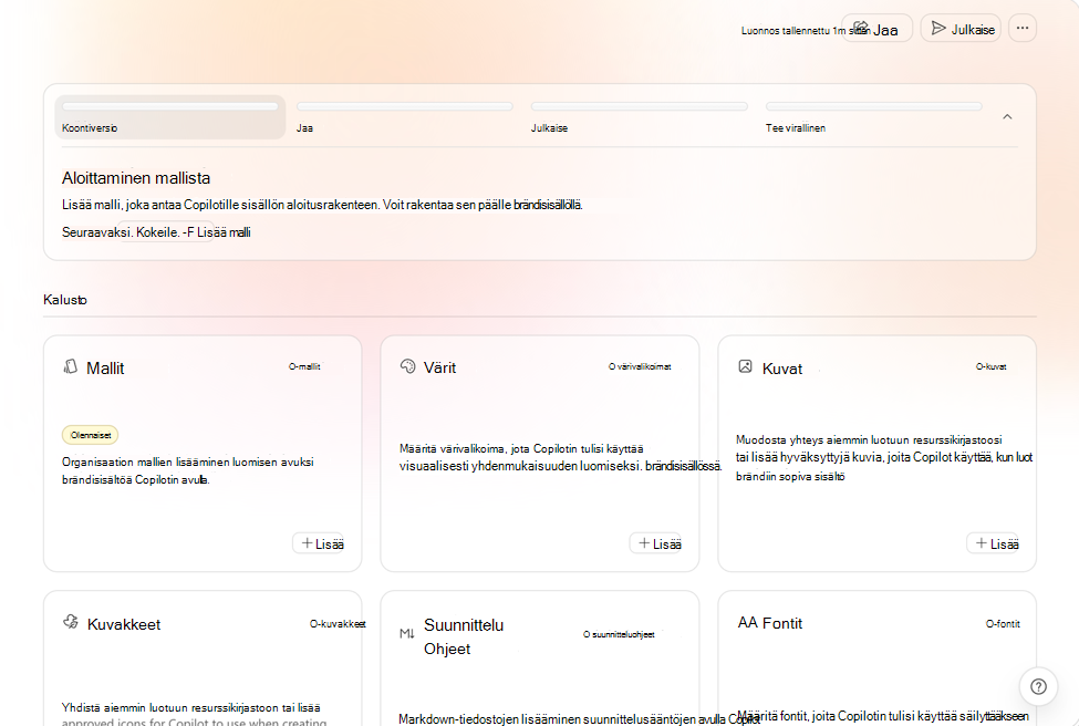 Näyttökuva, jossa näkyvät kaikki täytettävät brändipaketin alueet.