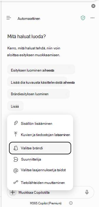 Näyttökuva, jossa näkyy Valitse brändi -aloituskohta PowerPoint Copilotissa.