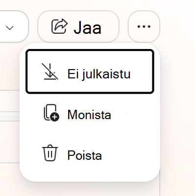 Näyttökuva, jossa on brändipaketin lisäasetuksia, kuten Peruuta julkaisu, Monista ja Poista.