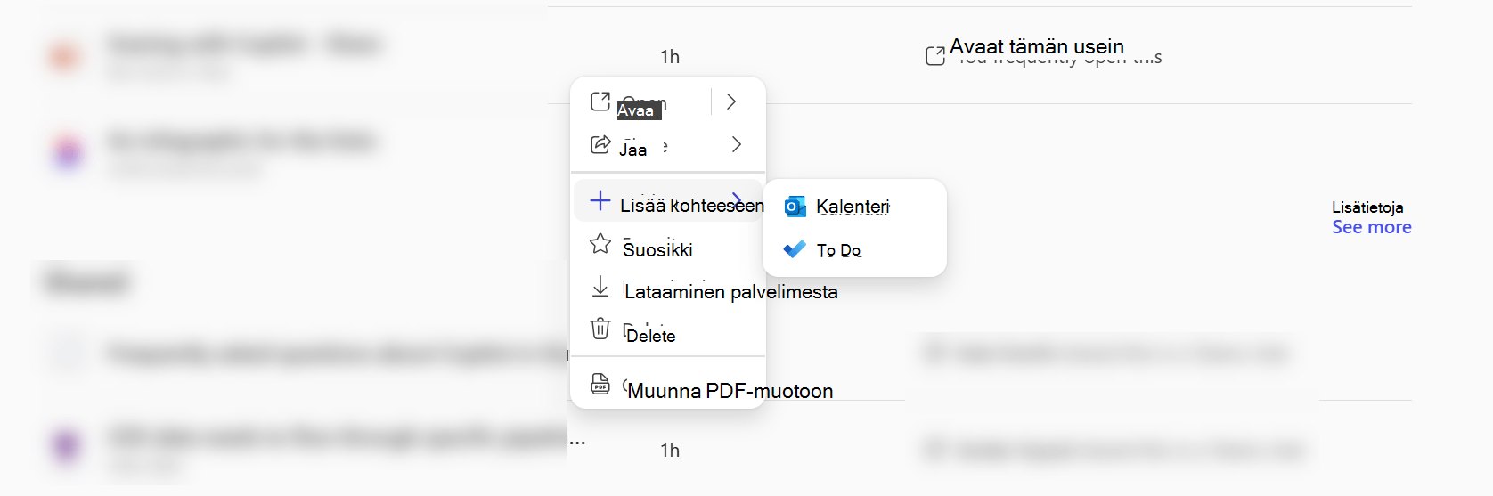 Microsoft 365 Copilot-sovelluksen pikavalikko, jossa näkyy, että voit lisätä tiedoston joko Calendar tai To Do -sovellukseen.