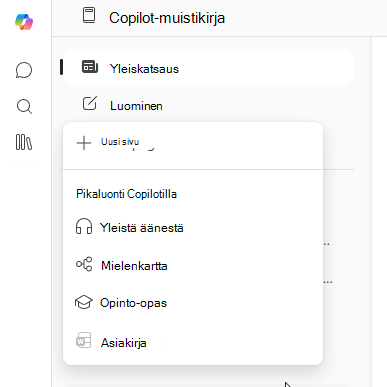 Näyttökuva Luo-valikosta, jossa Ajatuskartta on käytettävissä vaihtoehtona.