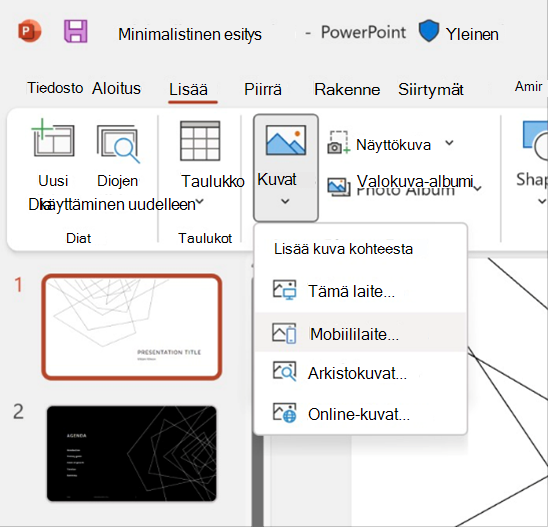 Näyttökuva kuvan lisäämisestä mobiililaitteen ominaisuudesta PowerPointissa.