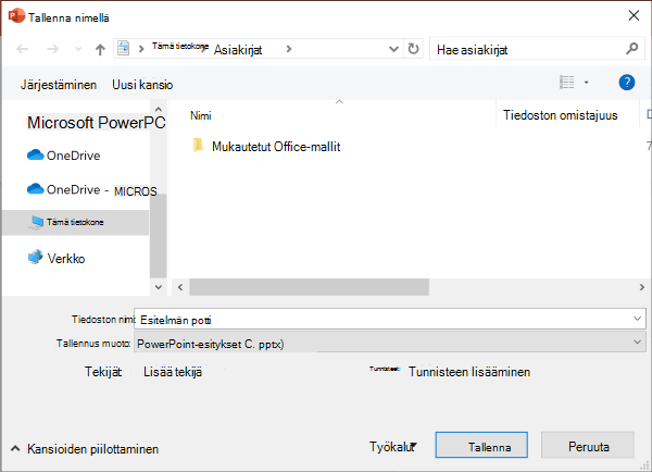 Vanha Tallenna nimellä -toiminto PowerPointissa