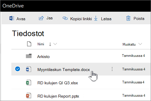 OneDrive, jossa tiedosto valittuna