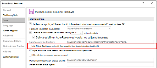 Näyttökuva PowerPointin Asetukset-valintaikkunasta, jossa korostetaan asetusta, jonka mukaan Backstagea ei käytetä tallennettaessa pikanäppäimillä