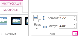 Valintaikkunan avain Kuvatyökalut - Muotoile ‑välilehden Koko-ryhmässä