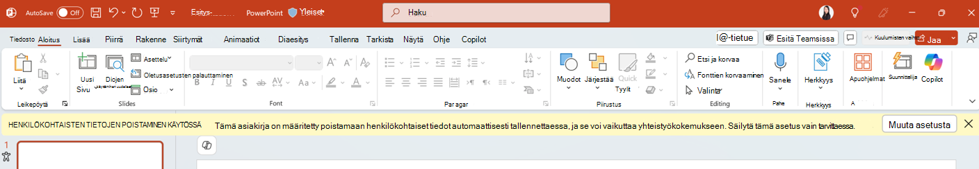 Henkilökohtaisten tietojen poistaminen otettu käyttöön -ilmoitus PowerPoint-sovelluksessa