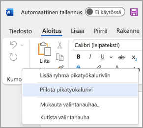 Kuva pikatyökalurivin piilottamisesta