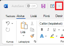 Kuva pikatyökalurivin kuvakkeesta valintanauhan yläpuolella