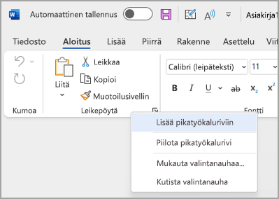 Kuva avattavasta valikosta, jonka avulla voit lisätä komentoja Mukauta työkaluriviä