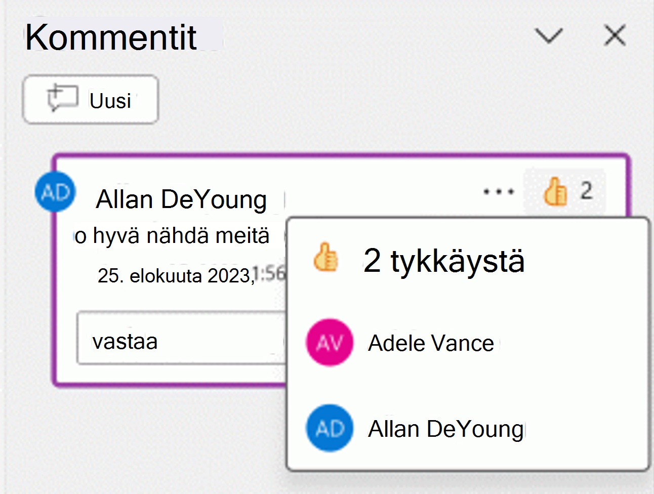 Näyttökuva kommentin Peukalo ylös -reaktiosta