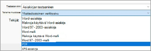 Kuva, jossa näkyy pdf-tiedoston (*.pdf) valinta avattavasta valikosta
