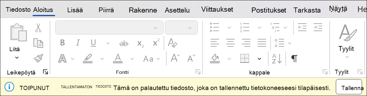 Näyttökuva istunnon palauttamisesta Wordissa, jossa lukee Palauta tallentamaton tiedosto: tämä on palautettu tiedosto, joka on tallennettu tilapäisesti tietokoneeseesi. Sen vieressä on Tallenna-painike.
