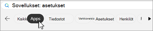 Näyttökuva Windows-haun suodattimen välilehdistä.