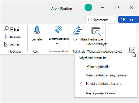 Valintanauhan näyttöasetusten valikko
