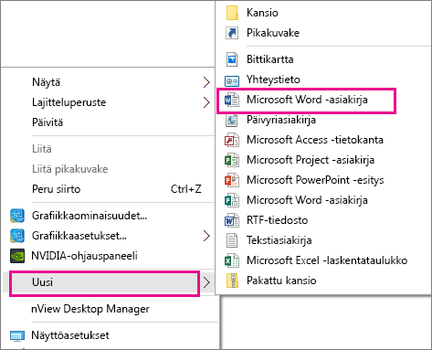 Valitse työpöydällä Uusi ja valitse sitten sovellus, jolla haluat luoda asiakirjan.