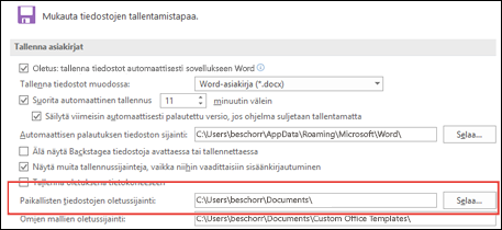 Wordin Tallennusasetukset, joissa näkyy oletusarvoinen työkansio -asetus