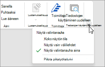 Valintanauhan näyttöasetusten valikko