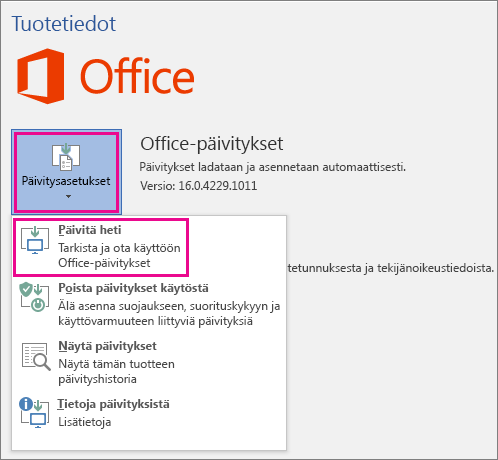 Office-päivitysten tarkistaminen manuaalisesti Word 2016:ssa