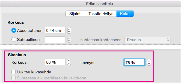 Koko-välilehden Erikoisasettelu-ruudun Skaalausasetukset näkyvät korostettuina.