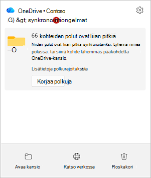 Näyttökuva OneDrive-toimintokeskuksesta ja Korjaa polut -vaihtoehdosta.