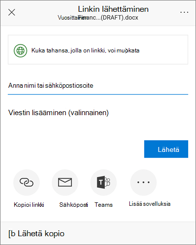 Näyttökuva Jaa-valintaikkunasta Androidissa