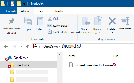 Resurssienhallinta, jossa näkyy OneDrive-synkronointisovellus-virhe